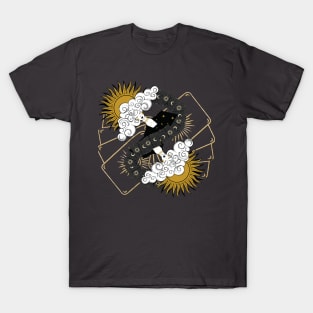 Mystical Woman with Enigmatic Tarot Cards and Sun Clouds Hair T-Shirt